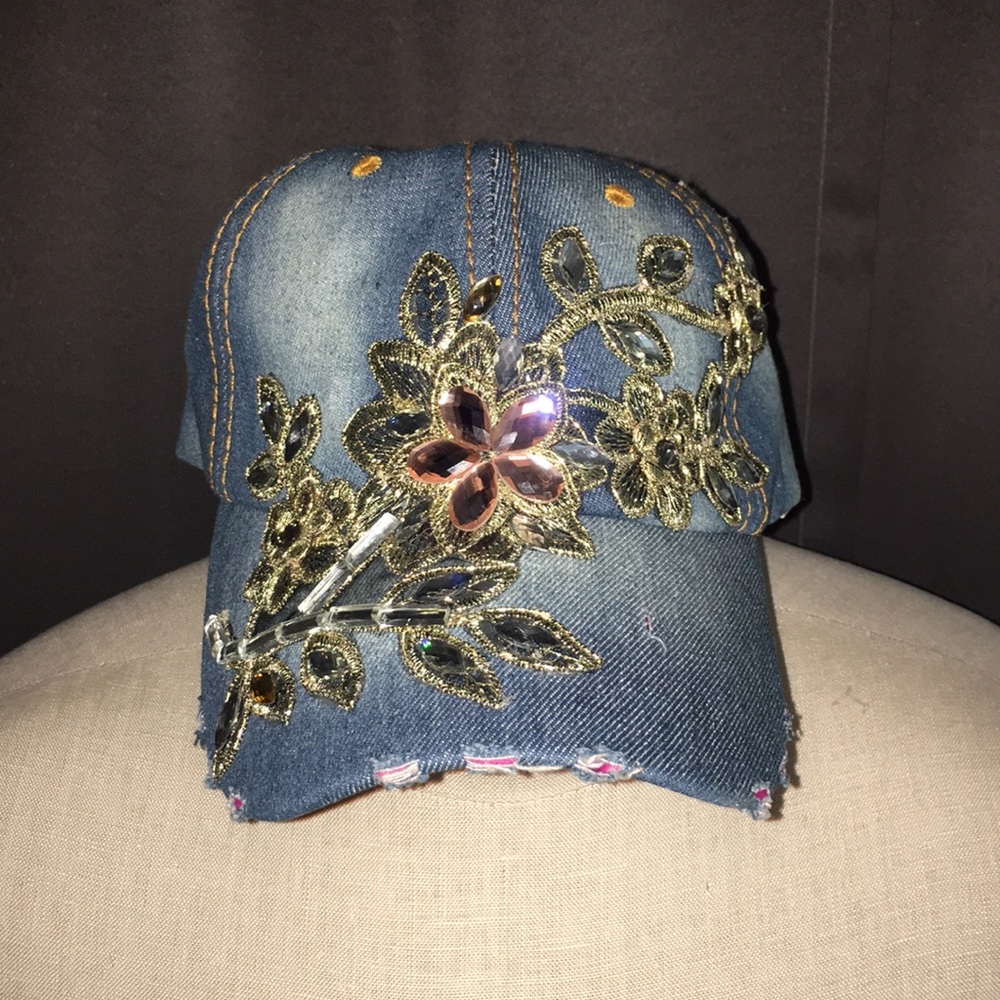 NEW*Distressed & blinged out denim baseball hat.